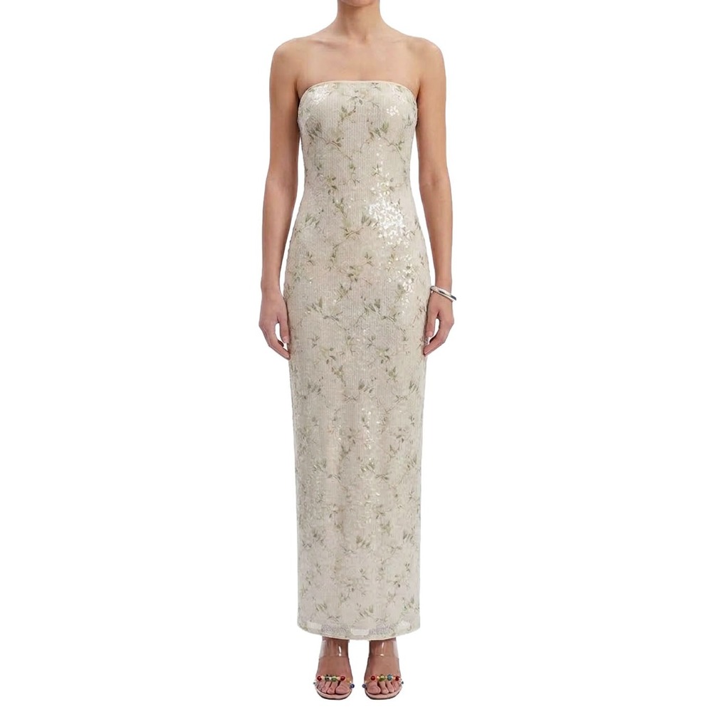 Reformation Ellison Knit Dress Ivory Sequin Strapless Floral Mesh Column Maxi S